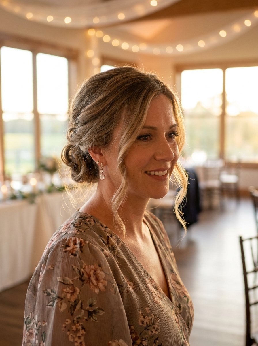 Lockerer Low Bun mit Face-Framing Strähnen als Frisuren für lange Haare als Hochzeitsgast Inspiration 2026